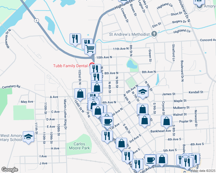 map of restaurants, bars, coffee shops, grocery stores, and more near 302 7th Avenue North in Amory