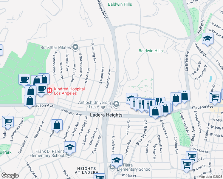 map of restaurants, bars, coffee shops, grocery stores, and more near 5519 South La Cienega Boulevard in Los Angeles