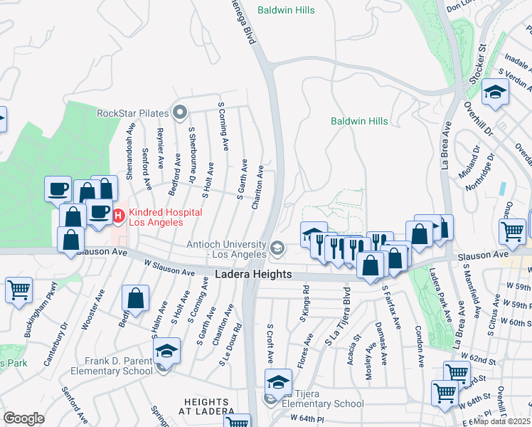 map of restaurants, bars, coffee shops, grocery stores, and more near 5519 South La Cienega Boulevard in Los Angeles