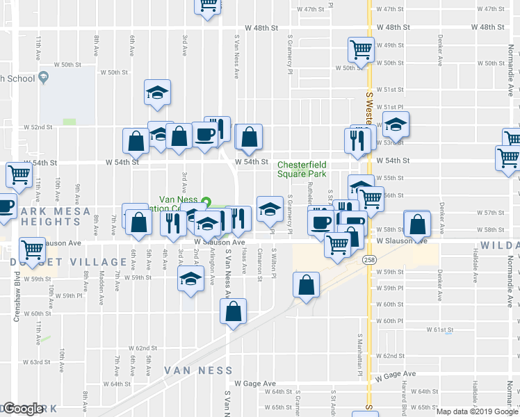 map of restaurants, bars, coffee shops, grocery stores, and more near 5700 Cimarron Street in Los Angeles