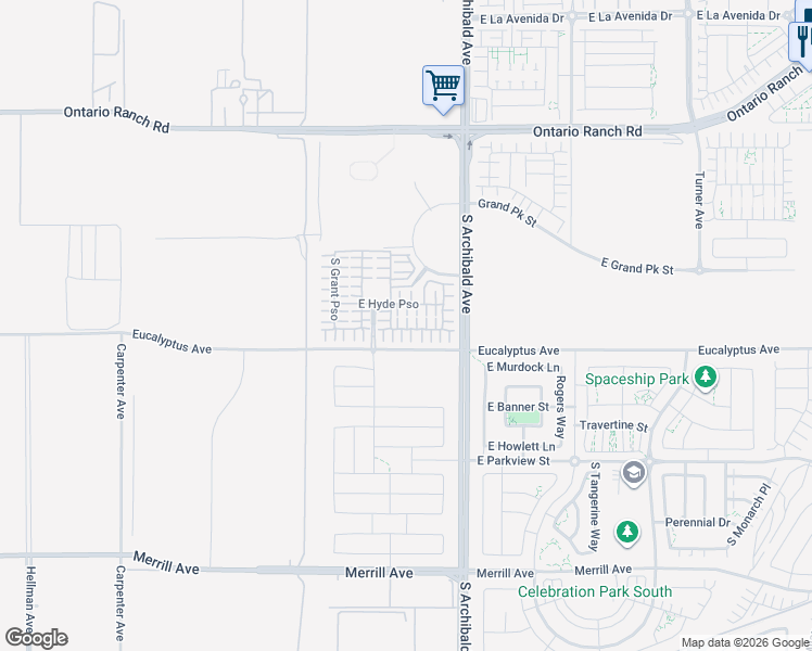 map of restaurants, bars, coffee shops, grocery stores, and more near 2555 East Lincoln Paseo in Ontario