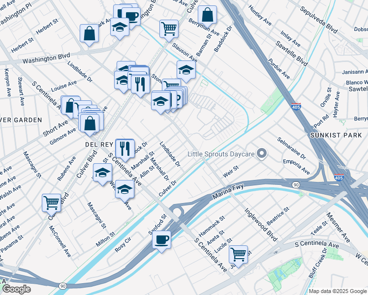 map of restaurants, bars, coffee shops, grocery stores, and more near 12018 Allin Street in Culver City