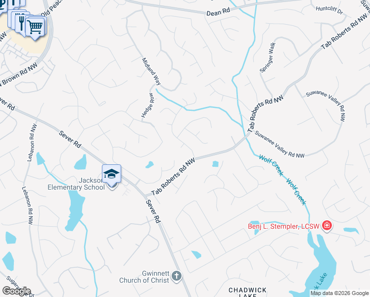 map of restaurants, bars, coffee shops, grocery stores, and more near 2025 Blackhawk Trail in Lawrenceville