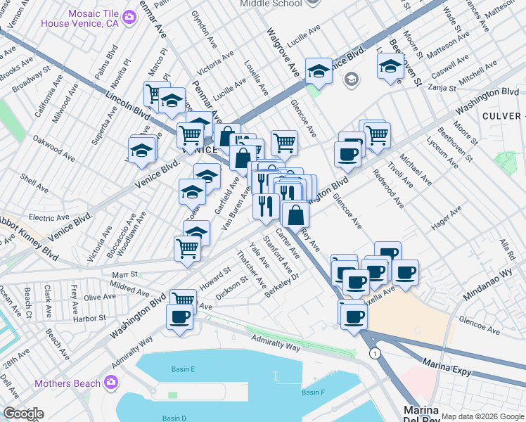 map of restaurants, bars, coffee shops, grocery stores, and more near 1147 Harrison Avenue in Los Angeles