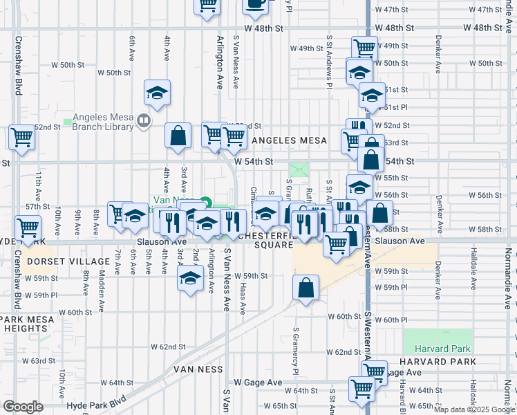 map of restaurants, bars, coffee shops, grocery stores, and more near 5700 Cimarron Street in Los Angeles