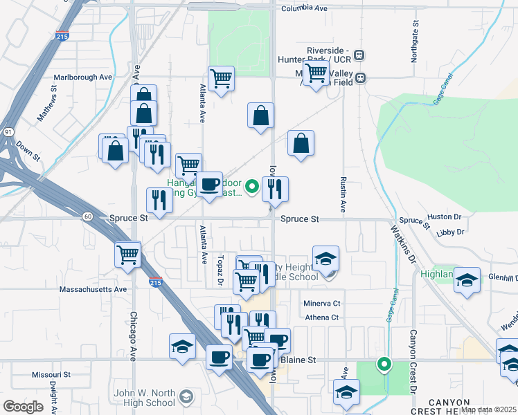 map of restaurants, bars, coffee shops, grocery stores, and more near 2100 Iowa Avenue in Riverside