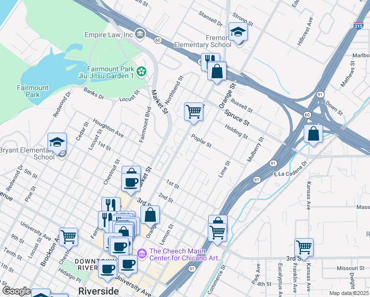 map of restaurants, bars, coffee shops, grocery stores, and more near 2822 Main Street in Riverside