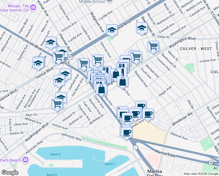 map of restaurants, bars, coffee shops, grocery stores, and more near in Culver City