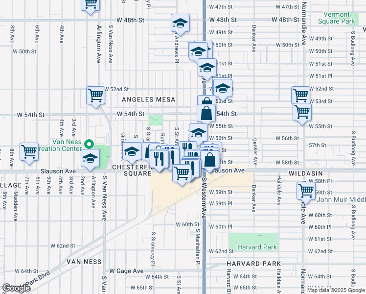 map of restaurants, bars, coffee shops, grocery stores, and more near 1866 West 57th Street in Los Angeles