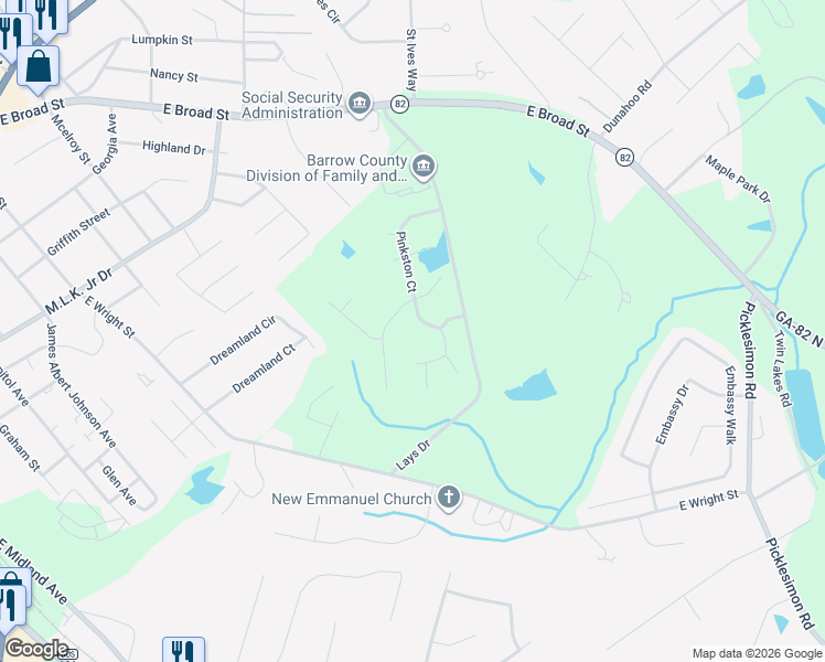 map of restaurants, bars, coffee shops, grocery stores, and more near 134 Pinkston Court in Winder