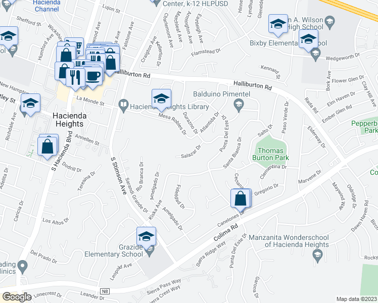 map of restaurants, bars, coffee shops, grocery stores, and more near 16249 Salazar Drive in Hacienda Heights