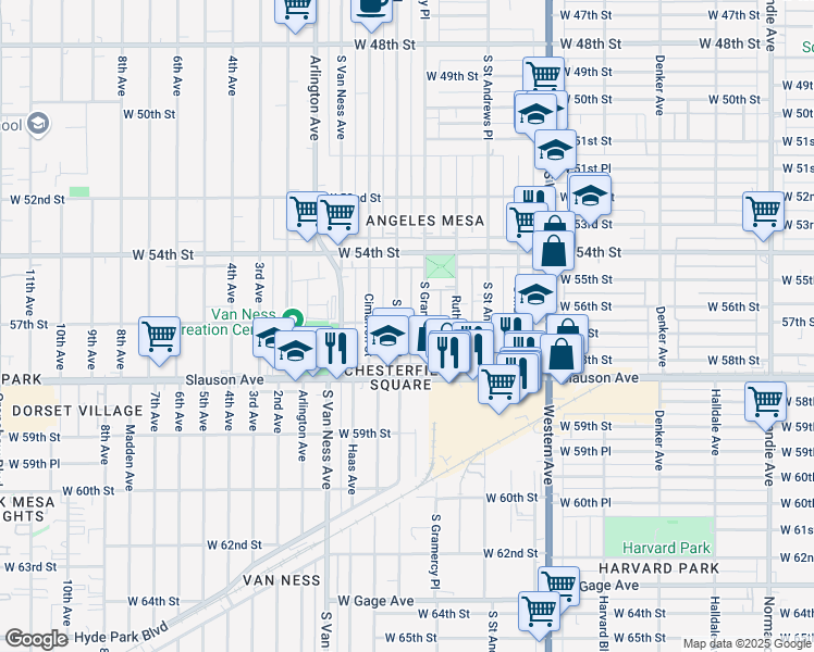 map of restaurants, bars, coffee shops, grocery stores, and more near 5700 South Wilton Place in Los Angeles