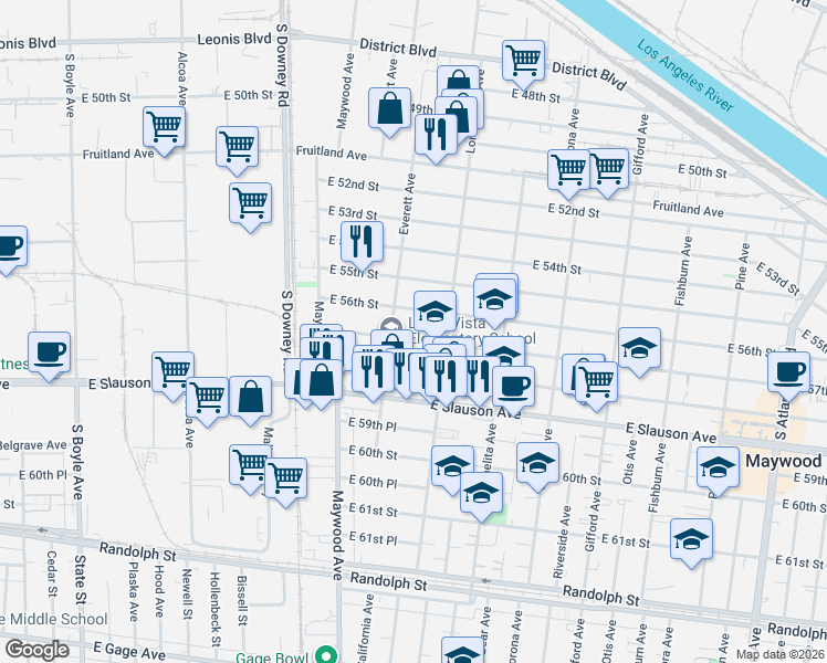 map of restaurants, bars, coffee shops, grocery stores, and more near 3621 East 57th Street in Maywood