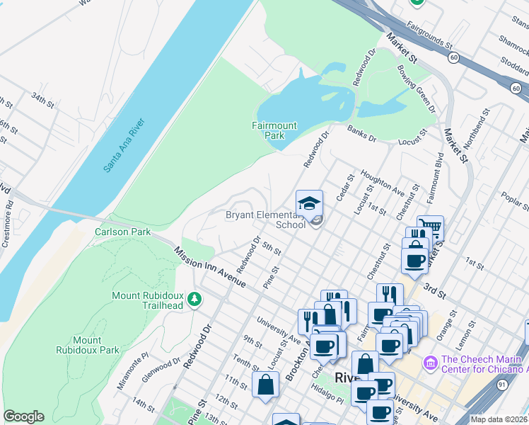 map of restaurants, bars, coffee shops, grocery stores, and more near 4570 Indian Hill Road in Riverside