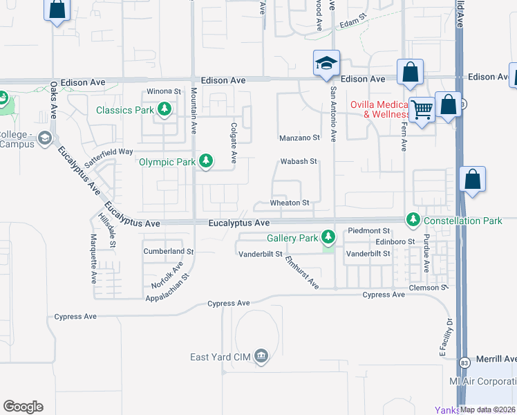 map of restaurants, bars, coffee shops, grocery stores, and more near 6501 Wheaton Street in Chino