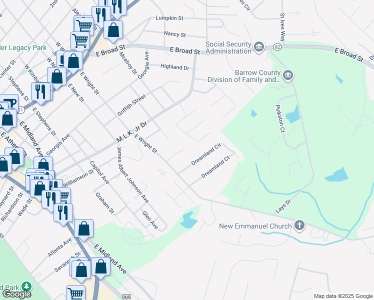 map of restaurants, bars, coffee shops, grocery stores, and more near 205 Glenview Terrace in Winder