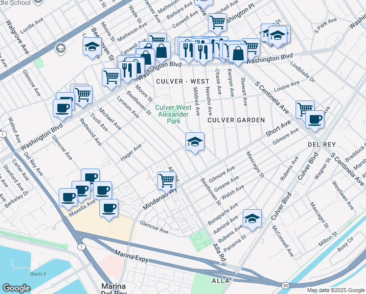 map of restaurants, bars, coffee shops, grocery stores, and more near Beethoven St & Maxella Ave in Los Angeles