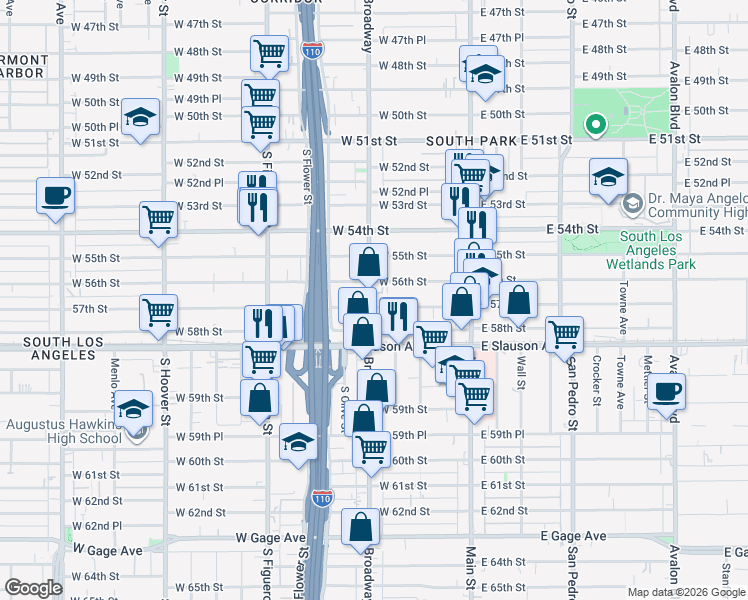 map of restaurants, bars, coffee shops, grocery stores, and more near 5630 South Broadway in Los Angeles
