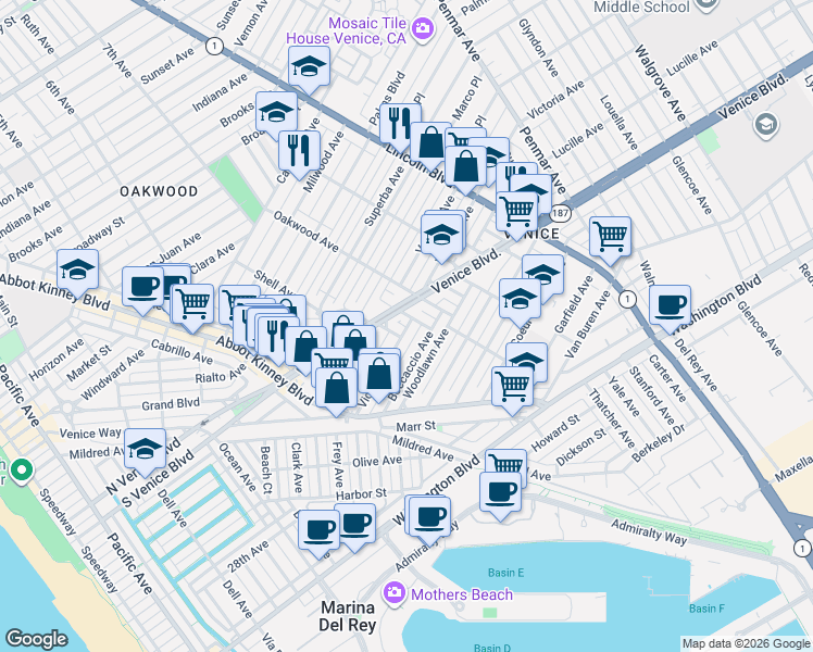 map of restaurants, bars, coffee shops, grocery stores, and more near 2106 Pisani Place in Los Angeles