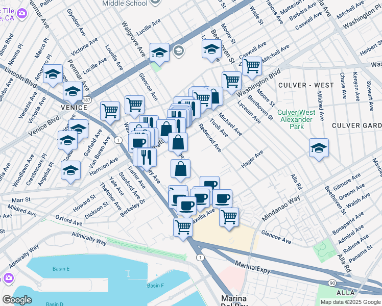 map of restaurants, bars, coffee shops, grocery stores, and more near 4060 Glencoe Avenue in Marina del Rey