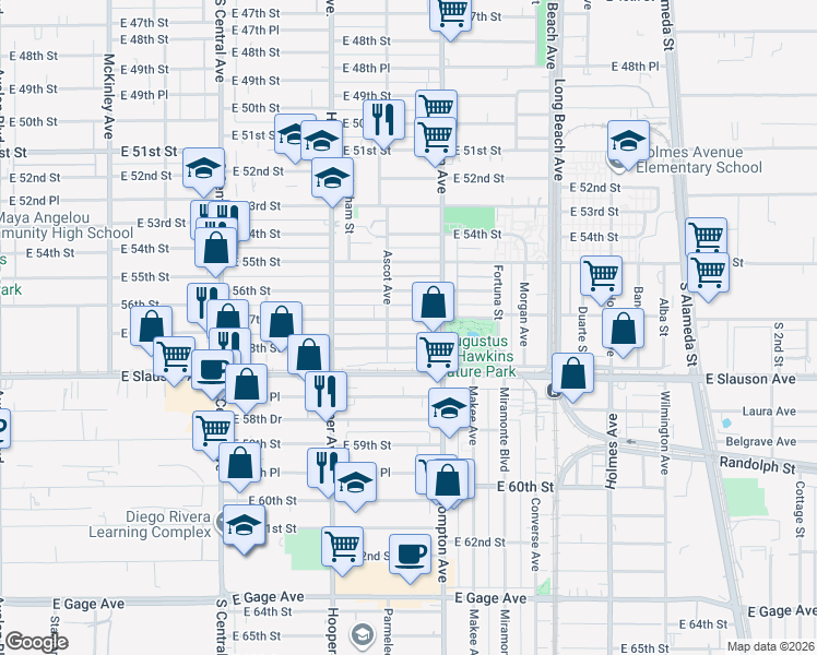 map of restaurants, bars, coffee shops, grocery stores, and more near 1434 East 57th Street in Los Angeles