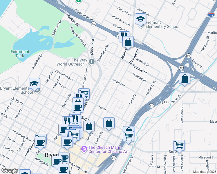 map of restaurants, bars, coffee shops, grocery stores, and more near 2822 Main Street in Riverside
