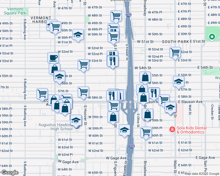 map of restaurants, bars, coffee shops, grocery stores, and more near 523 1/2 West 57th Street in Los Angeles