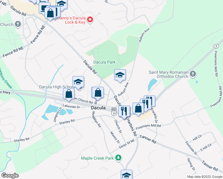 map of restaurants, bars, coffee shops, grocery stores, and more near 137 Dacula Road in Dacula