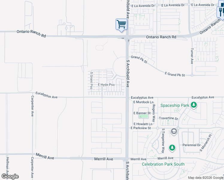 map of restaurants, bars, coffee shops, grocery stores, and more near 2573 East Lincoln Paseo in Ontario