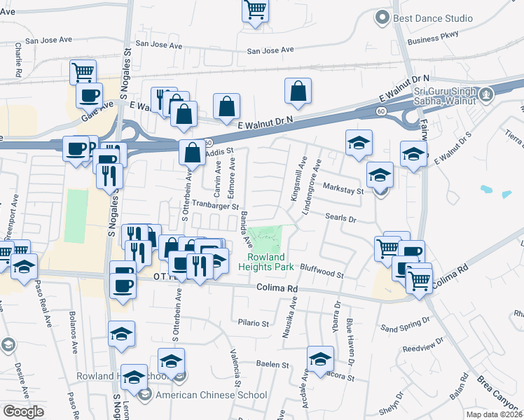 map of restaurants, bars, coffee shops, grocery stores, and more near 19356 Legacy Place in Rowland Heights