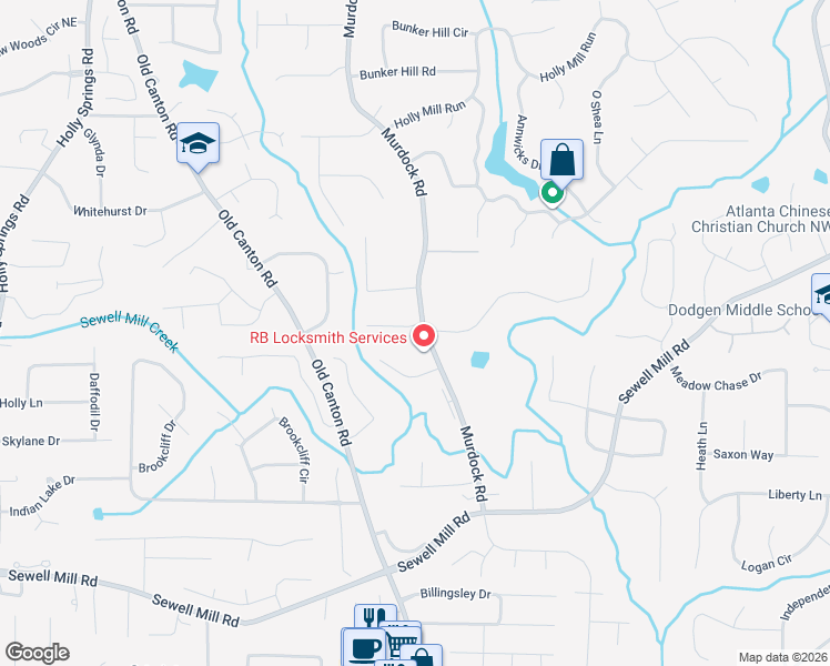 map of restaurants, bars, coffee shops, grocery stores, and more near 3030 Castleton Way in Marietta