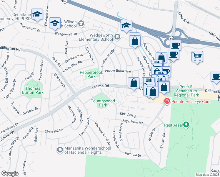 map of restaurants, bars, coffee shops, grocery stores, and more near 1804 Ewing Court in Hacienda Heights