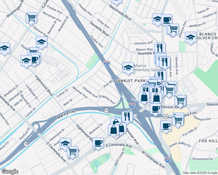 map of restaurants, bars, coffee shops, grocery stores, and more near 5315 South Slauson Avenue in Culver City