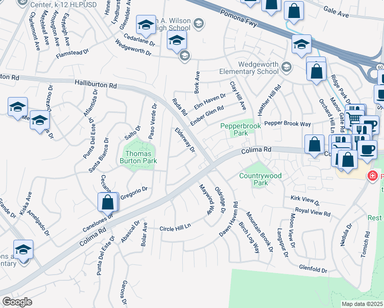 map of restaurants, bars, coffee shops, grocery stores, and more near 2141 Elderway Drive in Hacienda Heights