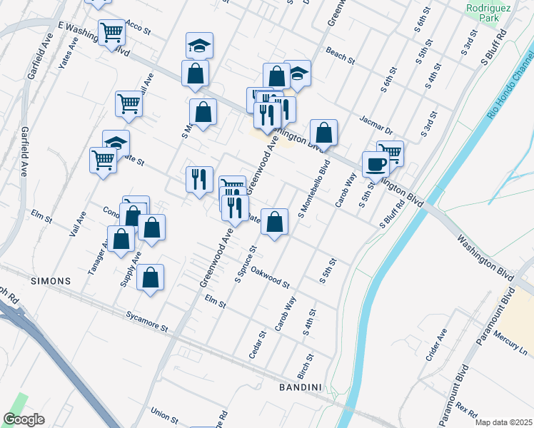 map of restaurants, bars, coffee shops, grocery stores, and more near 1140 1/2 South Greenwood Avenue in Montebello
