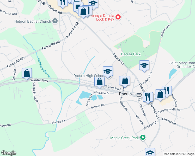map of restaurants, bars, coffee shops, grocery stores, and more near 120 Whisper Way Northeast in Dacula