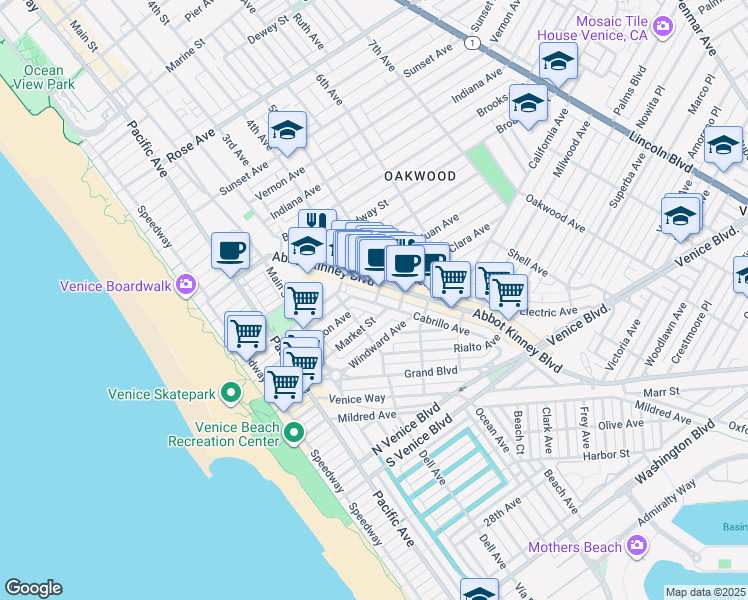 map of restaurants, bars, coffee shops, grocery stores, and more near 1118 Abbot Kinney Boulevard in Los Angeles