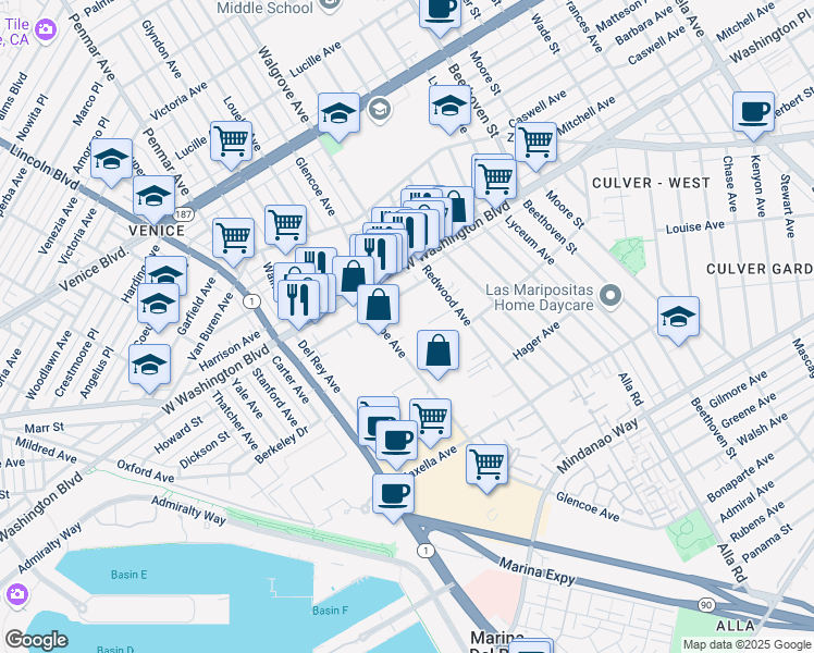map of restaurants, bars, coffee shops, grocery stores, and more near 4060 Glencoe Avenue in Marina del Rey