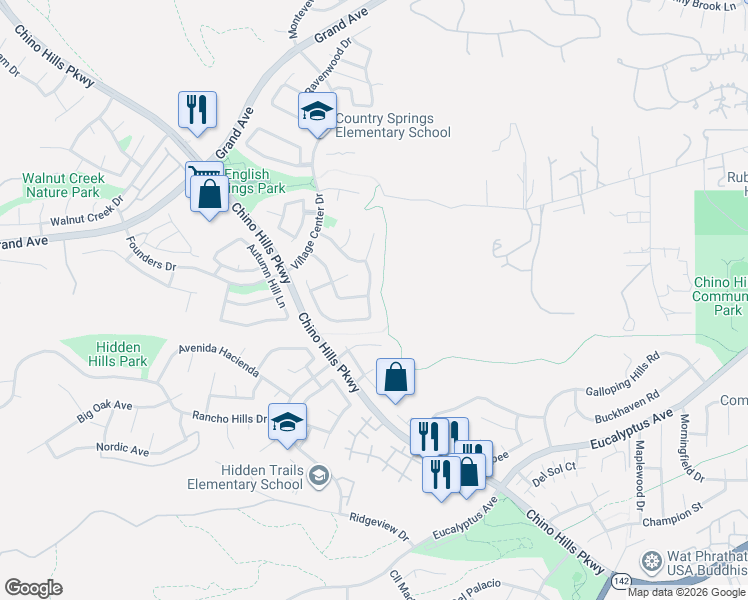 map of restaurants, bars, coffee shops, grocery stores, and more near 14398 Spring Crest Drive in Chino Hills
