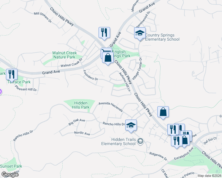 map of restaurants, bars, coffee shops, grocery stores, and more near 14404 Falling Leaf Drive in Chino Hills