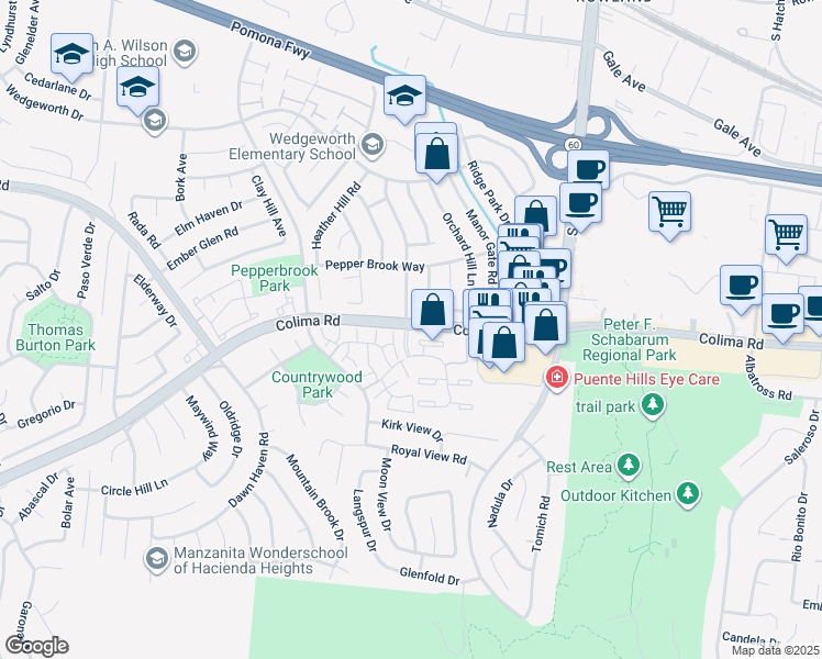 map of restaurants, bars, coffee shops, grocery stores, and more near 1748 Park Lawn Road in Hacienda Heights