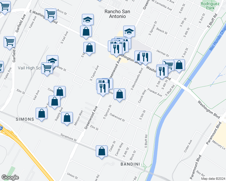 map of restaurants, bars, coffee shops, grocery stores, and more near 1140 1/2 South Greenwood Avenue in Montebello