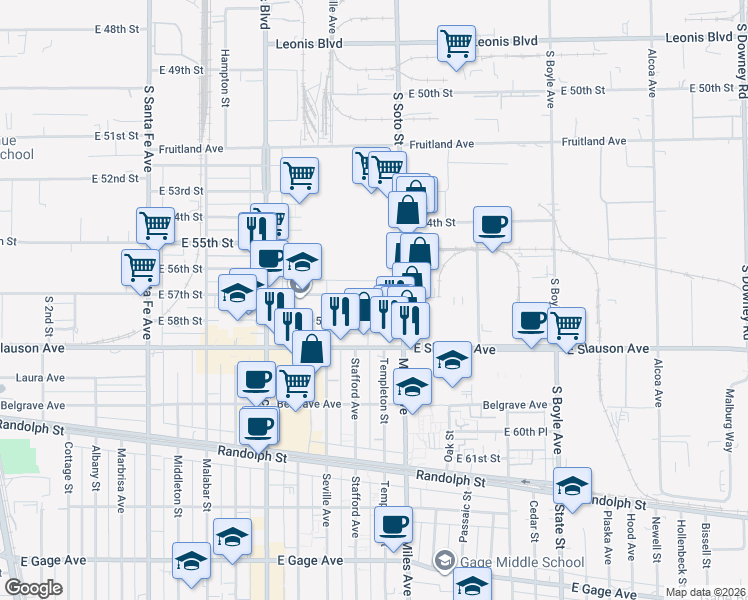 map of restaurants, bars, coffee shops, grocery stores, and more near 2760 East 57th Street in Huntington Park