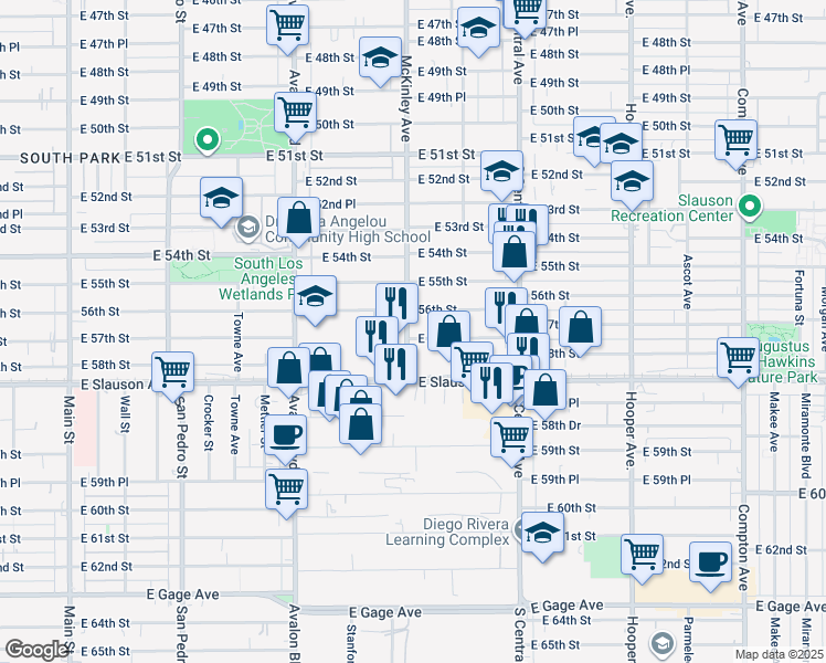 map of restaurants, bars, coffee shops, grocery stores, and more near 927 56th Street in Los Angeles