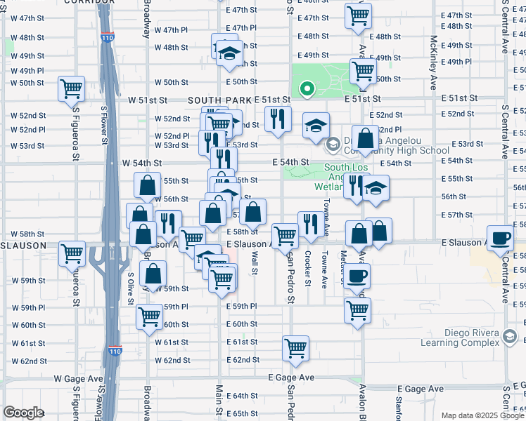 map of restaurants, bars, coffee shops, grocery stores, and more near 152 East 56th Street in Los Angeles
