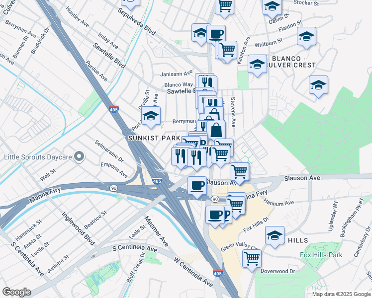 map of restaurants, bars, coffee shops, grocery stores, and more near 11429 Culver Park Drive in Culver City