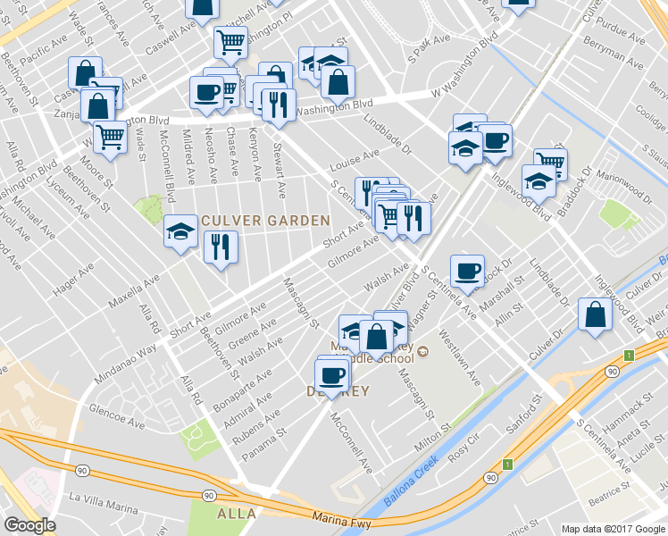map of restaurants, bars, coffee shops, grocery stores, and more near 12473 Gilmore Avenue in Los Angeles