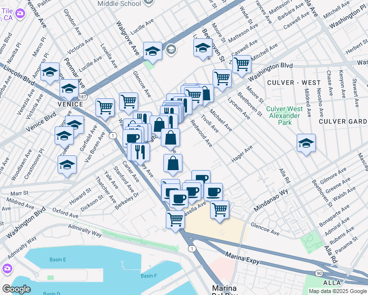 map of restaurants, bars, coffee shops, grocery stores, and more near 13352 Beach Avenue in Marina del Rey