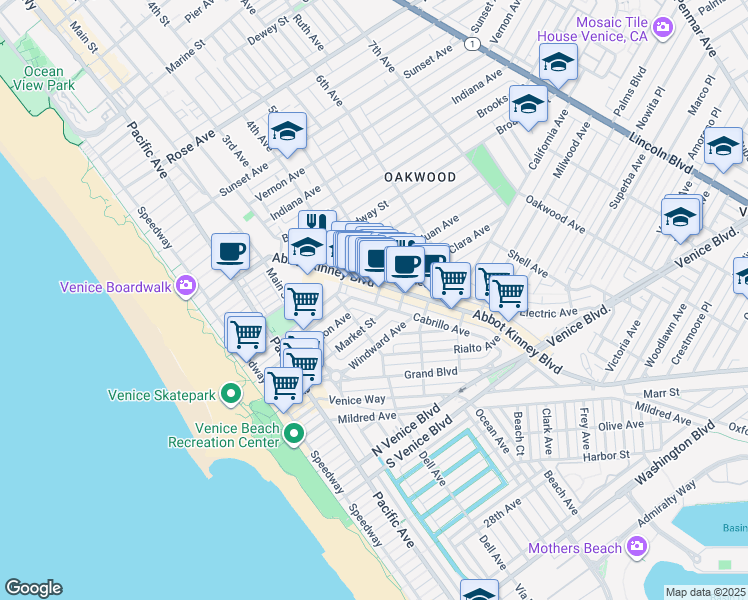 map of restaurants, bars, coffee shops, grocery stores, and more near 1118 Abbot Kinney Boulevard in Los Angeles