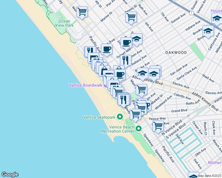 map of restaurants, bars, coffee shops, grocery stores, and more near 719 Ocean Front Walk in Los Angeles